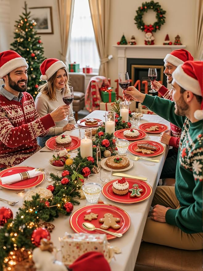 350Pieces Christmas Plates with Gold Plastic Silverware - Red Plastic Plates with Gold Rim Include 50Dinner Plate 10”, 50Dessert Plate 7”, 50 gold Cups 9 OZ, 50 Pre Rolled Napkins for Christmas/Party