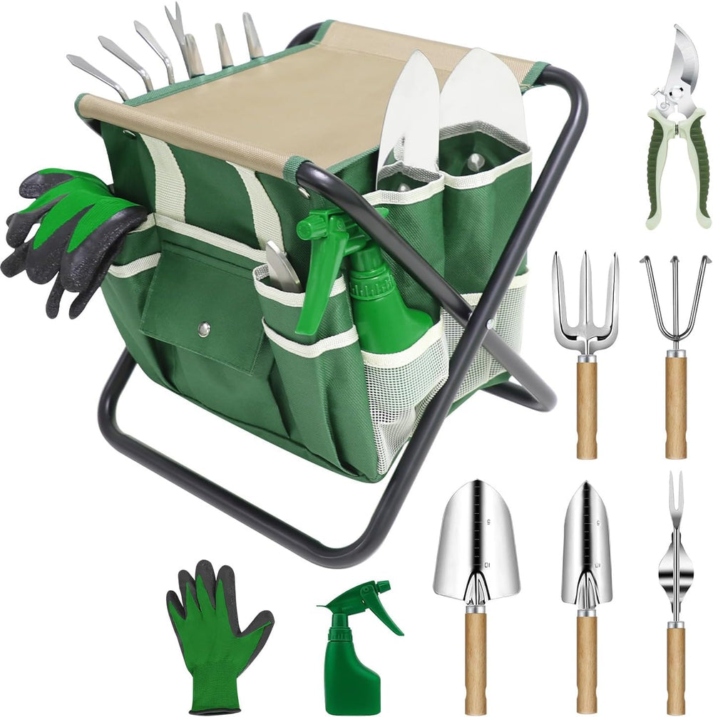 Garden Tool Set, 10 Piece Kit with Heavy Duty Folding Stool, Detachable Stora...