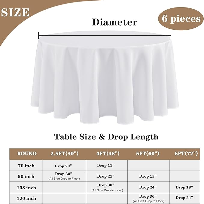 Fitable 6 Pack White Round Tablecloths - 120 Inches in Diameter - Stain Resistant and Washable Table Clothes, Polyester Fabric Table Covers for Wedding, Party, Banquet, Formal Events