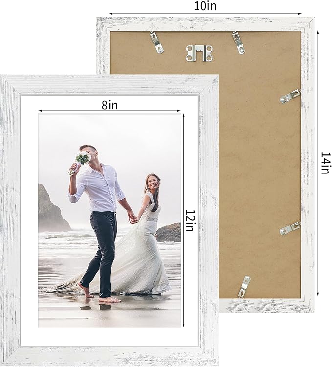 10x14 Picture Frame Set of 4 with Tempered Glass, Distressed White Frame Display 8x12 Picture with Mat or 10 x 14 Without Mat, Wood Rustic Photo Frames for Horizontal or Vertical Wall Mounting