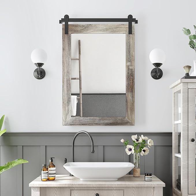 COGOOD Farmhouse Barn Door Mirror - 21 x 30 Rustic Wood Framed Wall Mirror for Bathroom, Living Room, Entryway Wall Decor (Yellow White)