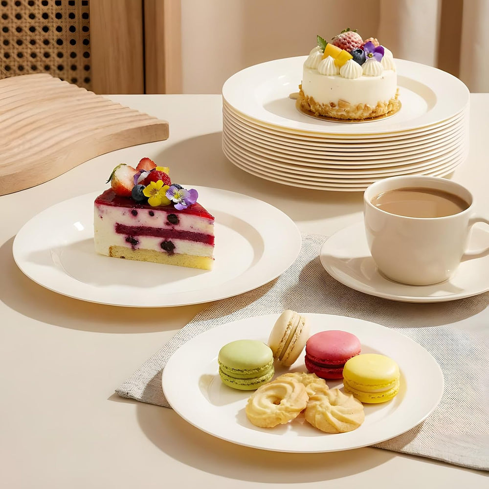 100Pcs 7" Ivory Plastic Dessert Plates, Fancy Plastic Dessert Plates