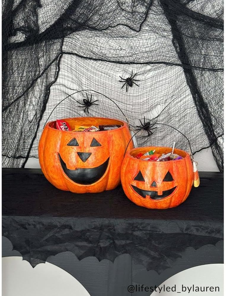 Mud Pie Paper Mache Pumpkin Treat Buckets, Set of 2 Halloween Candy Pails