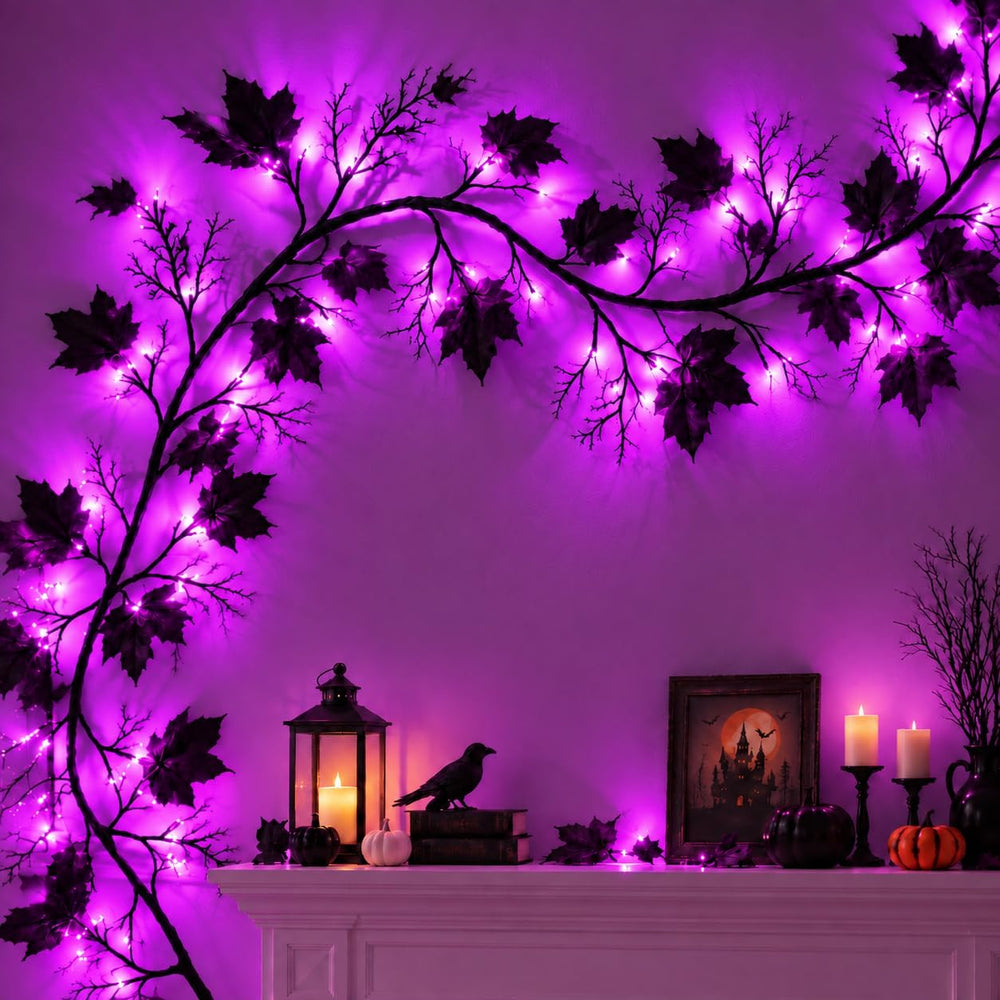 Halloween Garland with Purple Lights, 9 FT Black Maple Leaves, 72 LEDs