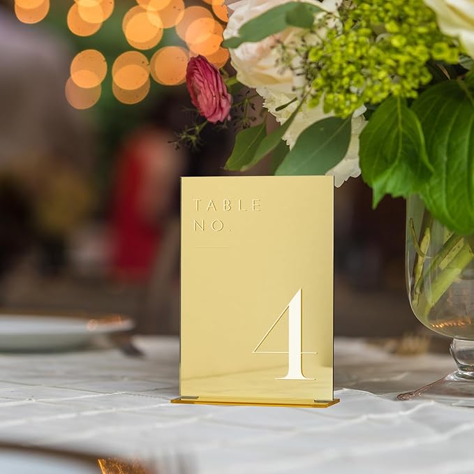 JINMURY Gold Wedding Table Numbers 1-25 with Stands, 5"x7" Gold Mirror Acrylic Table Numbers, Perfect for Wedding Reception, Party, Anniversary, Event