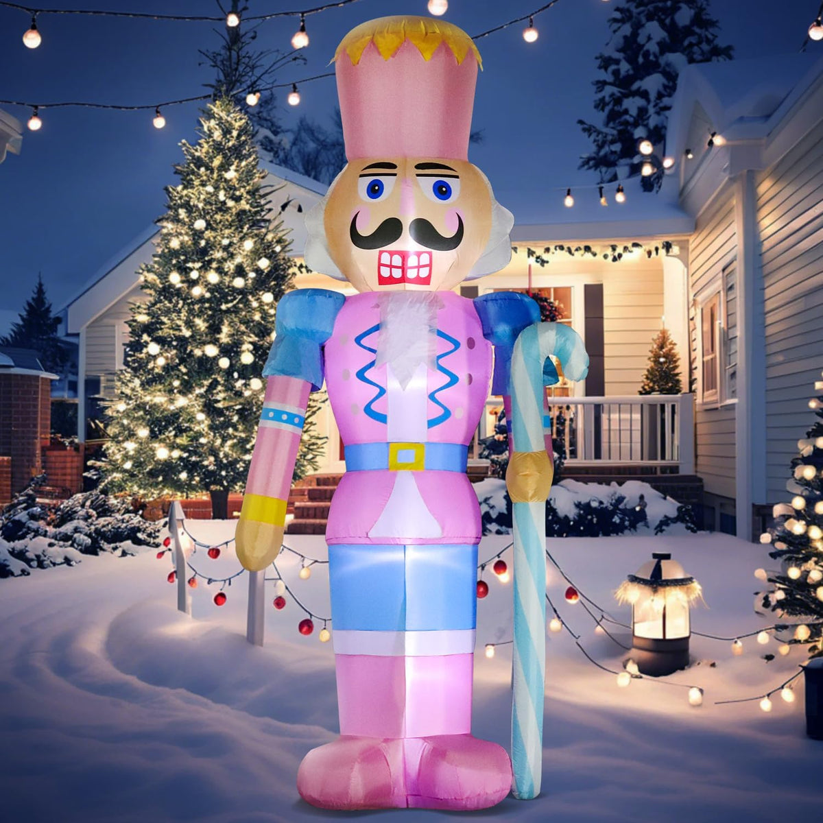 domkom 12ft giant pink christmas inflatable nutcracker soldier shown in use
