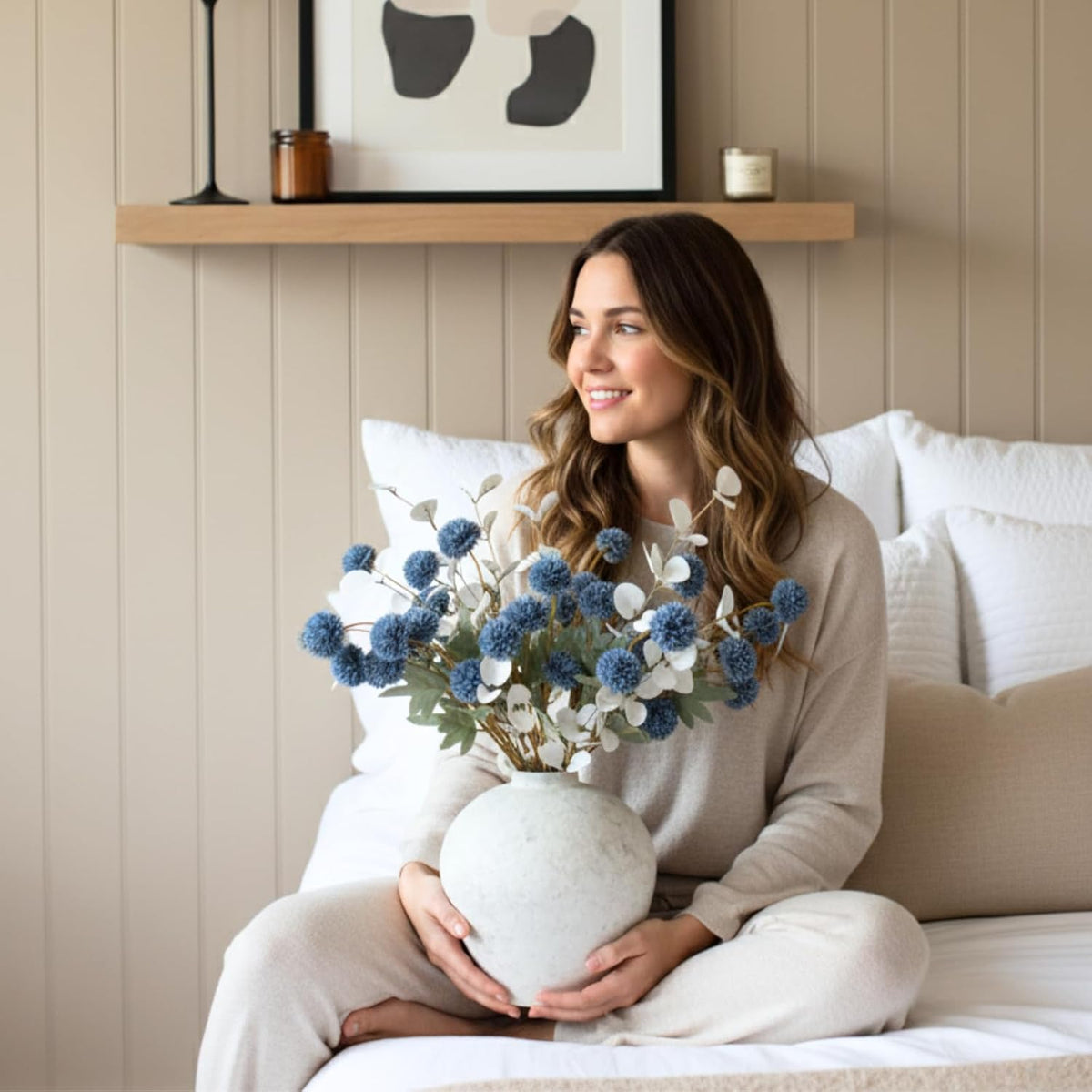 Faux Dusty Blue Flowers, 12 Blue and White Floral Stems For Centerpieces