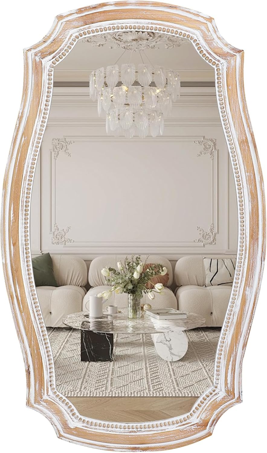 Scalloped Wall Mirror with Wood Frame, 36x24 Inch Distressed Mirrors