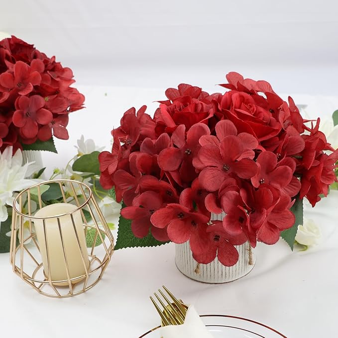 Flower Table Centerpieces - Set of 6 Floral Arrangement Artificial Wedding Hydrangeas Floral Arrangement with Rustic Metal Vase for Bridal Tea Party Event Decorations - Deep Red