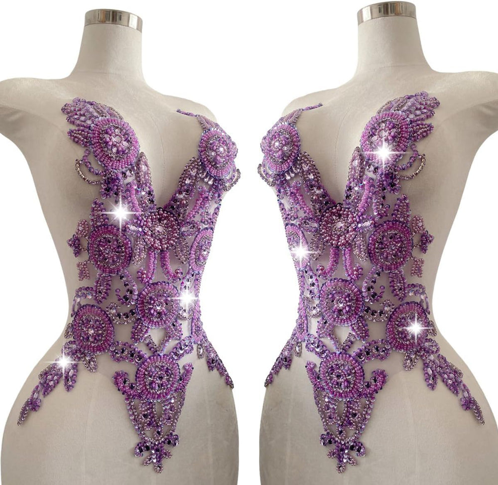 Pure Handmade Bodice lace Rhinestones Applique Sewing Stones Beads Crystal Tr...