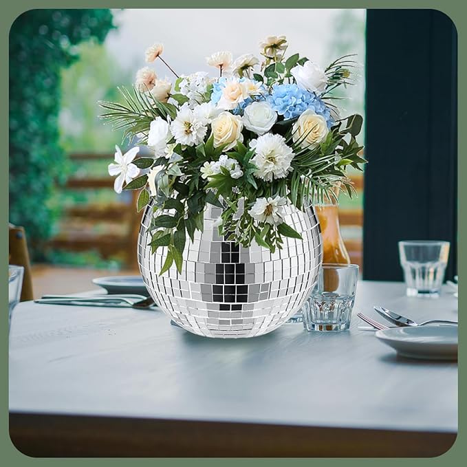 6 Pcs Disco Vase, Silver Mirror Ball Disco Ball Planter 5" X 6" Glass Silver Candle Holder White Vases for Centerpieces Table Decorations Party Wedding Birthday Gift