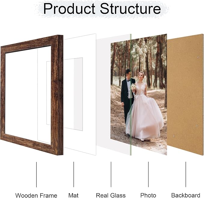 9x12 Picture Frame Set of 4 with Tempered Glass, Wooden Rustic Frame Display 6x8 Pictures with Mat or 9 x 12 Without Mat, Photo Frame for Wall Mount and Tabletop Display