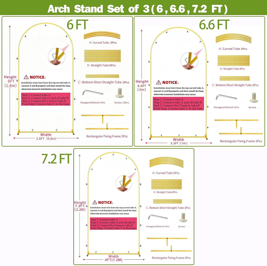 metal wedding arch (7.2ft, 6.6ft, 6ft) backdrop gold, front angle view