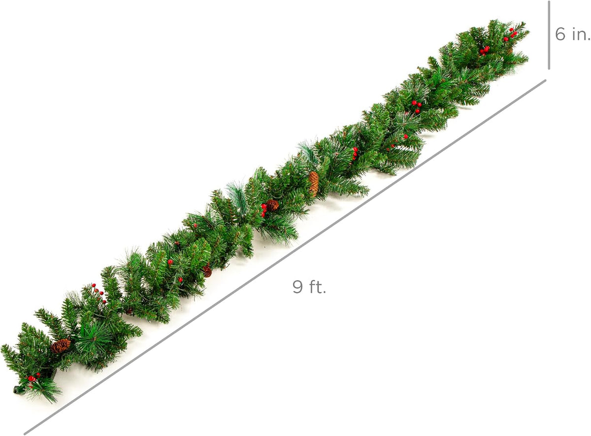 Best Choice Products 9ft Pre-Lit Holiday Pre-Decorated Christmas Garland for Stairs, Fireplace, Decoration w/PVC Tips, 50 Lights, Pine Cones, Berries - Unflocked