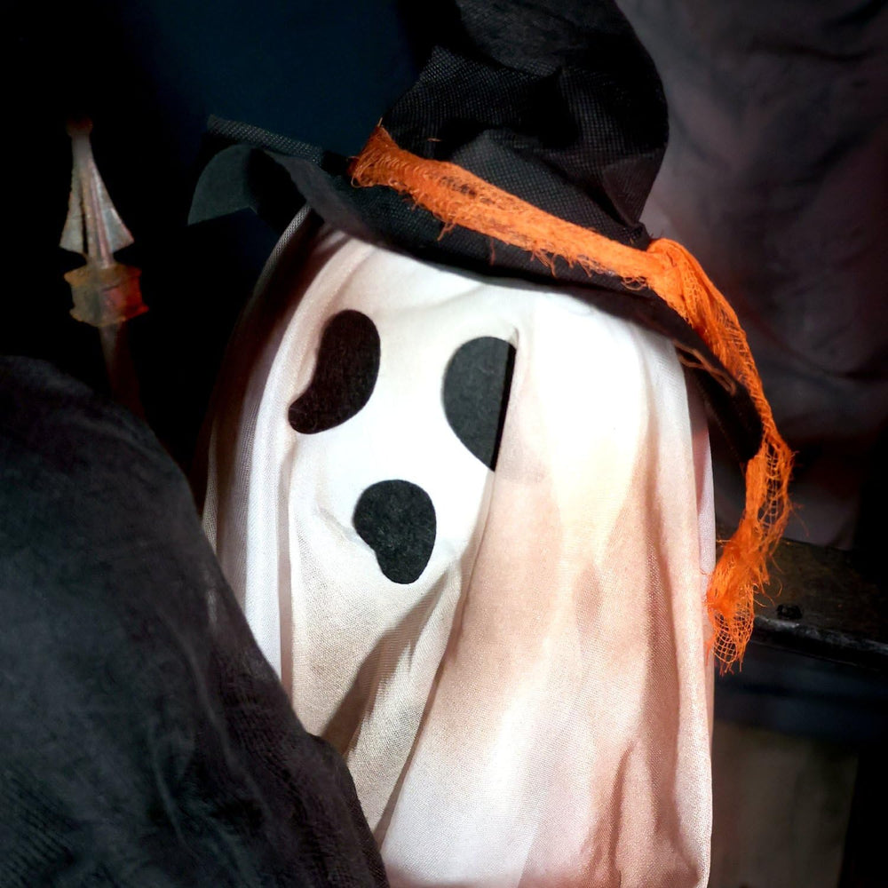 Haunted Hill Farm 3.9-Ft. Sitting Reaper w/Hide and Seek Ghost Animatronic