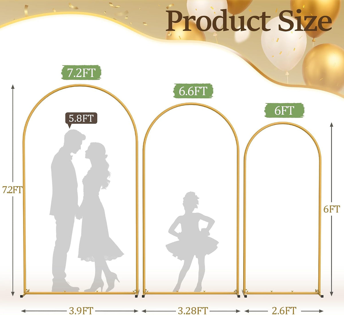 Metal Arch Backdrop Stand 3 Set (7.2FT+6.6FT+6FT), Gold Wedding Arch Frame