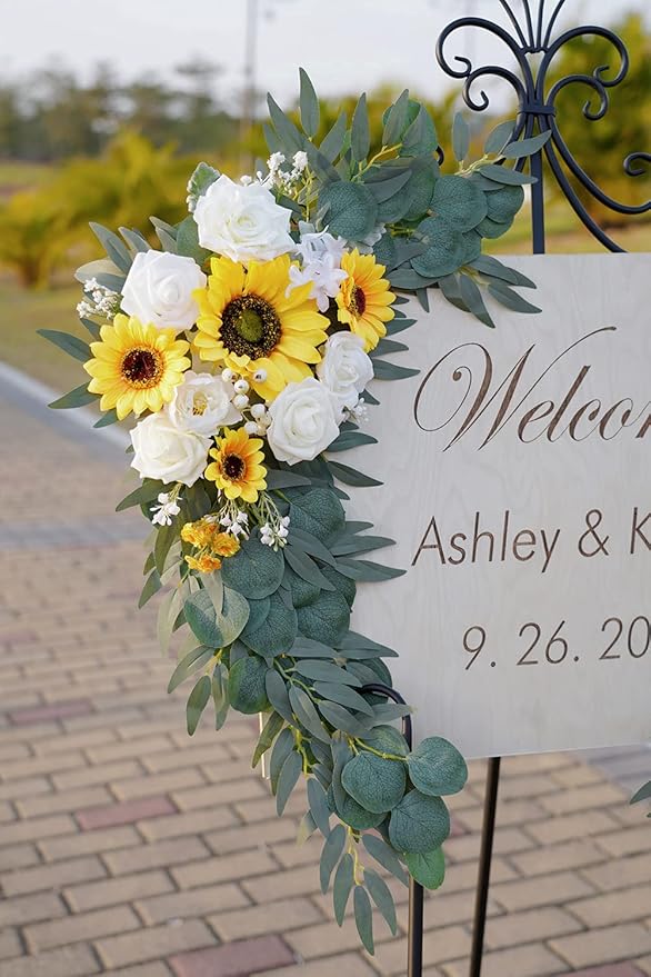 Ponatia Artificial Wedding Arch - Flowers (Pack of 2), White & Sunflowers for Wedding Welcome Signs and Ceremony Decorations