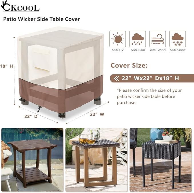 okcool Patio Wicker Side Table Cover,Waterproof Square Patio Small Side Table Cover,Suitable for 3-Piece Outdoor Wicker Patio Bistro Set Side Table,22W x 22D x 18H inch,Beige & Brown