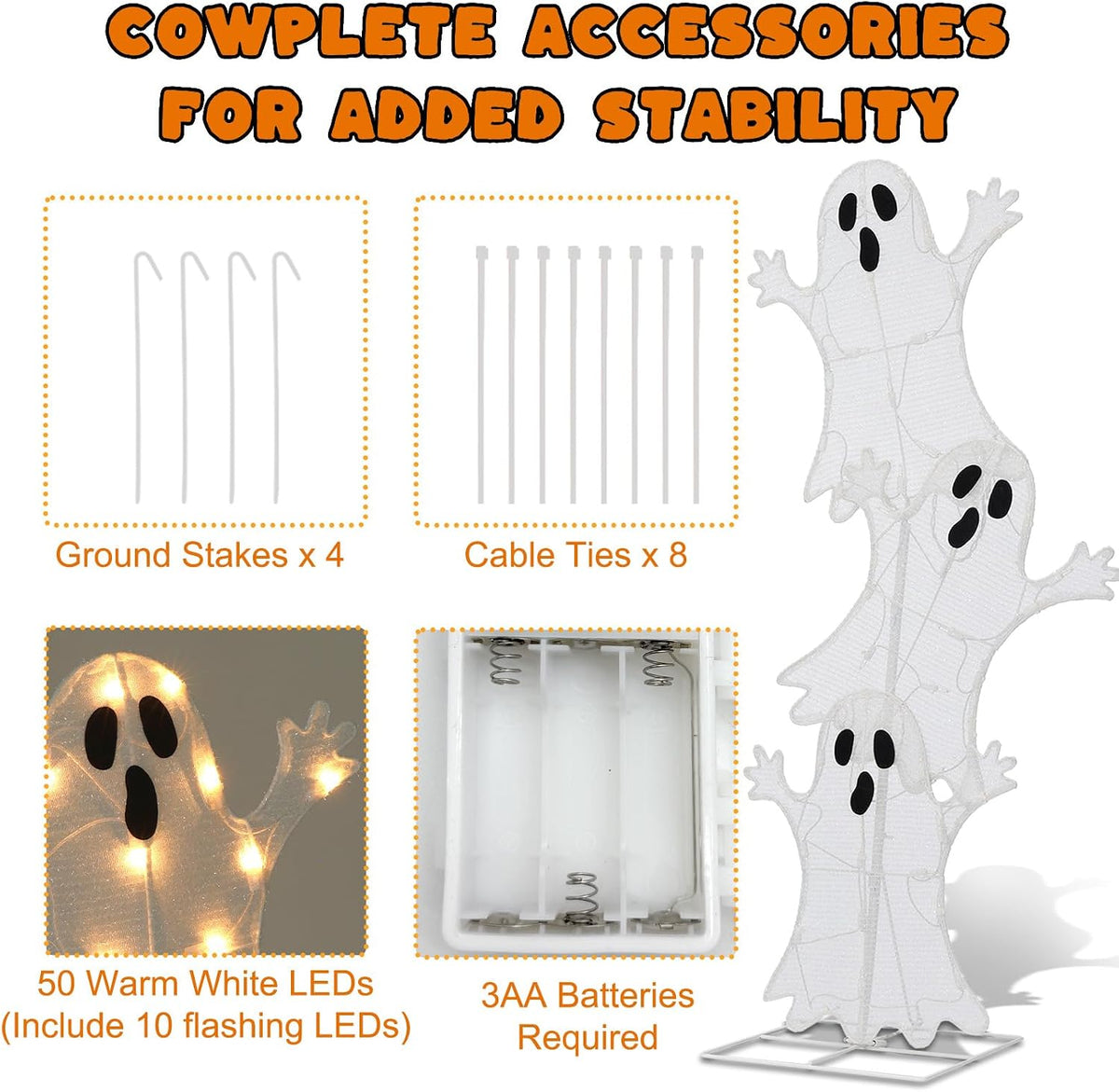 halloween lighted 3 stacked ghosts, 42’’ h pre-lit showing dimensions