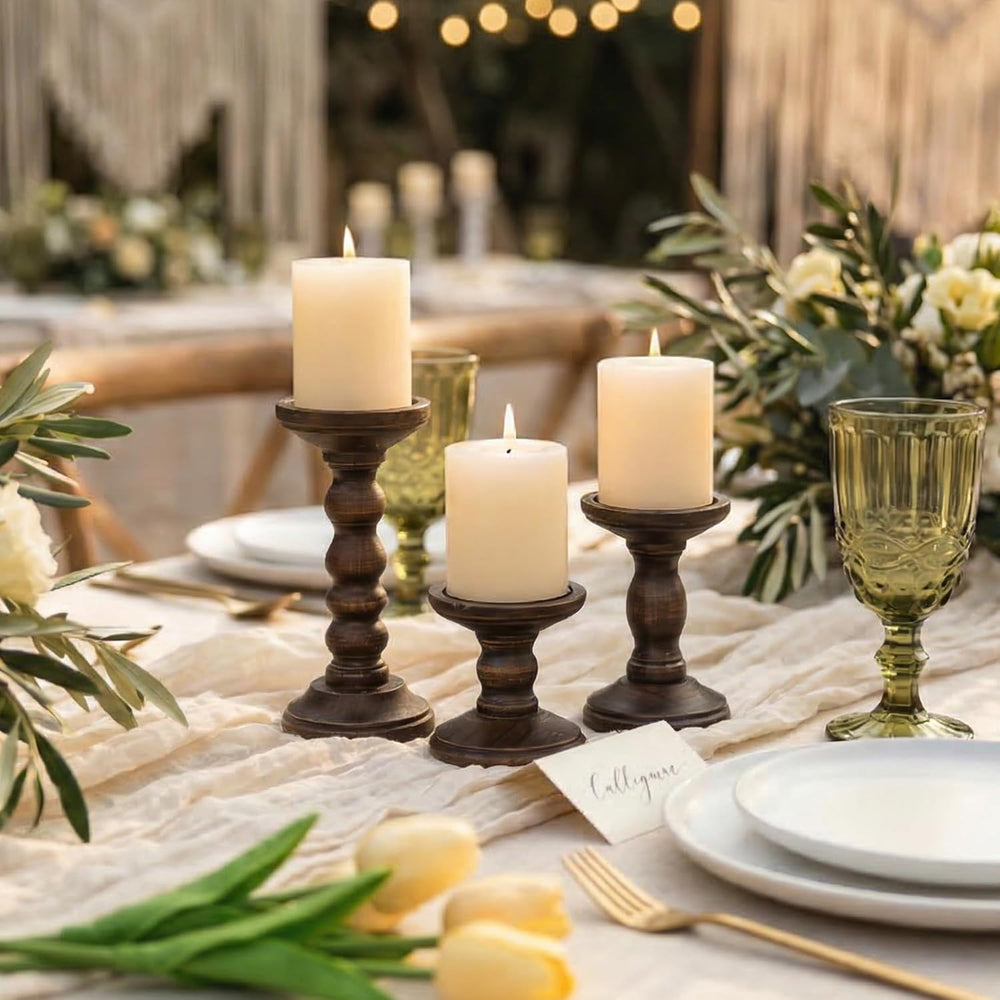 Romadedi Wood Candle Holders for Pillar, Dark Brown, Set of 3