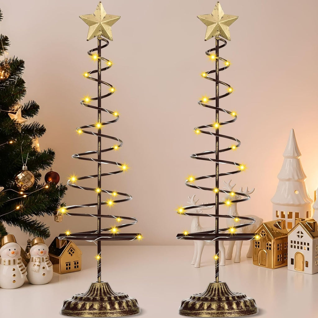Set of 2 Lighted Christmas Tree Table Decoration with Golden Star Battery Operated Tabletop Prelit Mini Xmas Tree with LED Light up Desk Ornament for Home Mantel(Spiral,Gold)