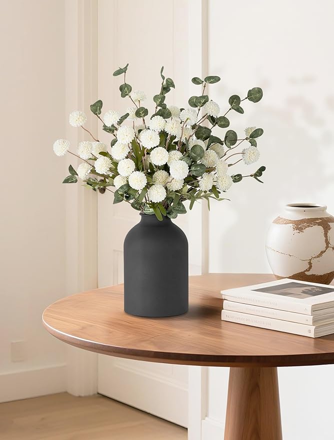 BLOSMON Fake Flowers in Vase for Centerpieces: Metal Vase with 12 Stems of Artificial Mums Kiku Flowers Eucalyptuses Home Table Decor - White Faux Pom Poms Floral Arrangements for Living Room