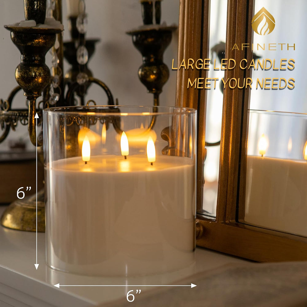 Extra Large Flameless Candles with 3 Wicks, 6"x6" Glass Battery Ope...