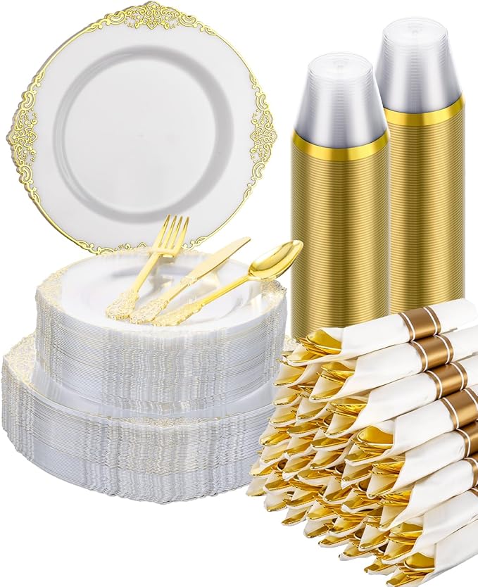 Goodluck 350 Piece Clear Gold Plastic Dinnerware Set for 50 Guests, Fancy Disposable Plates, Include: 100 Gold Rim Plastic Plates, 150 Silverwares, 50 Pre Rolled Napkins, 50 Cups for Party, Wedding