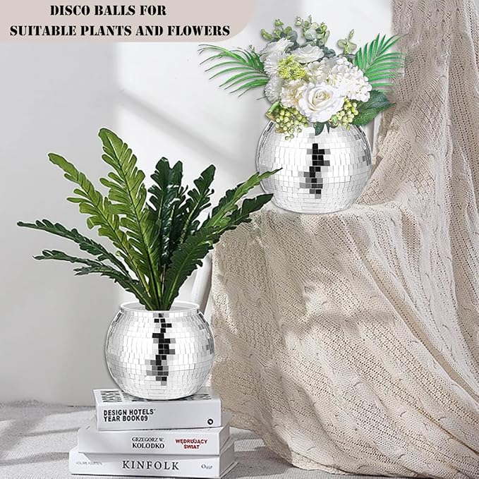 6 Pcs Disco Ball Vase,Plastic Disco Ball Centerpieces Silver Disco Ball Planter Mirror Disco Ball Ice Bucket Disco Ball Decor Can Be Used for Wedding Centerpieces,Birthday,Office(9 Inch)
