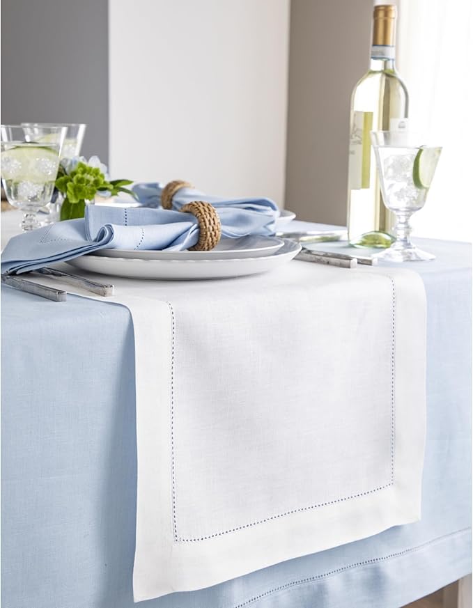 Solino Home Linen White Table Runner 120 Inches Long - 100% Pure Linen Hemstitch 14 x 120 Inch Table Runner for Dining, Fall, Autumn, Halloween, Thanksgiving, Holiday - Classic Hemstitch