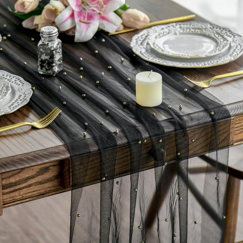 Artoid Mode 10-Pack Pearl Black Gauze Table Runner 10FT Home Decor