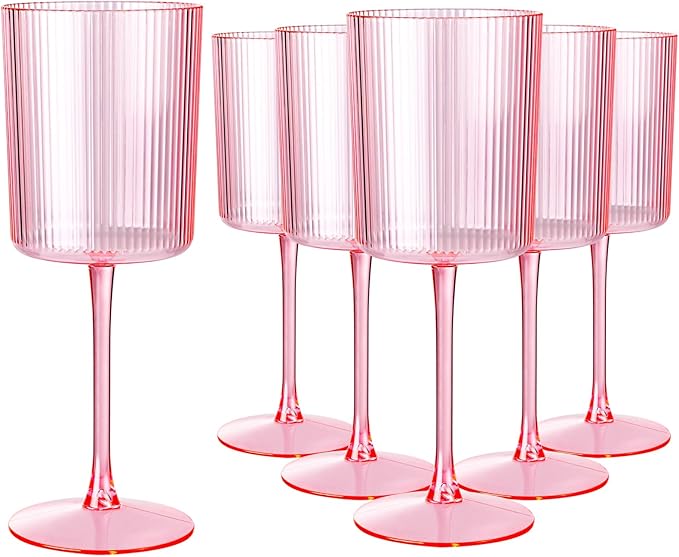 Ciaell 12 PCS Pink Plastic Ribbed Wine Glasses - 10 OZ Plastic Square Wine Glasses with Stem - Disposable Champagne Cups for Parties & Weddings & Party