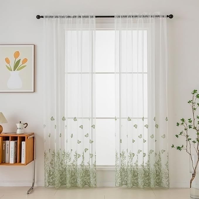 VISIONTEX White Sheer Voile Curtains, Decorative Green Embossed Butterflies Rod Pocket Window Drapes for Home Kitchen, Living Room and Bedroom 54 x 84 Inch, Set of 2 Curtain Panels