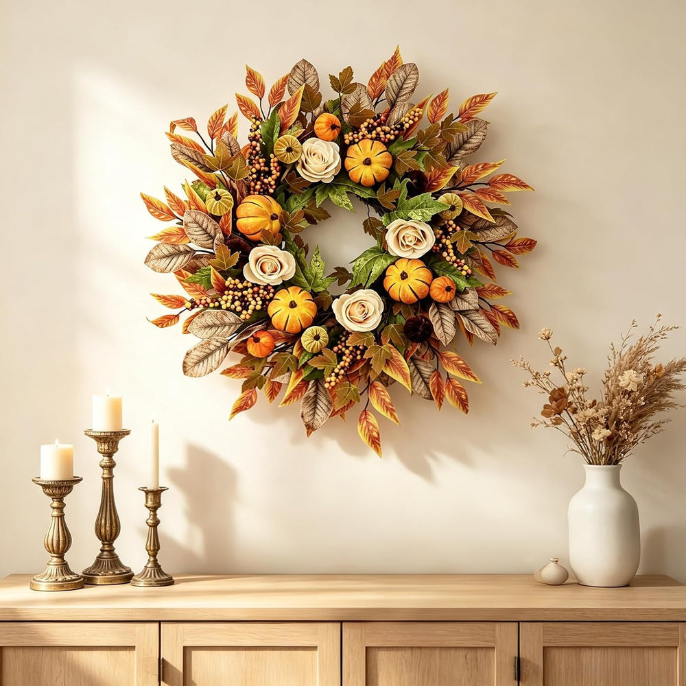 24 Inch Fall Wreaths for Front Door, Autumn Pumpkins Wreaths