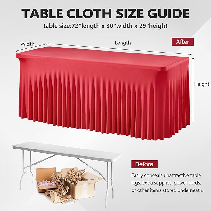 Wish Care 6 Pack Red Spandex Table Clothes for 6 Foot Rectangle Tables, 6FT Wrinkle Free Fitted Tablecloths Ruffles Design Table Cover for Party, Banquet, Wedding and Events