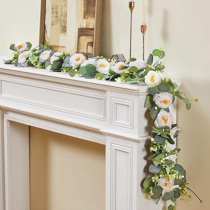 4 Pack Artificial Eucalyptus Flower Garland with White Roses, Fake Flowers Greenery Garland Flower Vines for Wedding Party Centerpiece Mantle Table Runner Spring Summer Home Decor (4PCS, White)