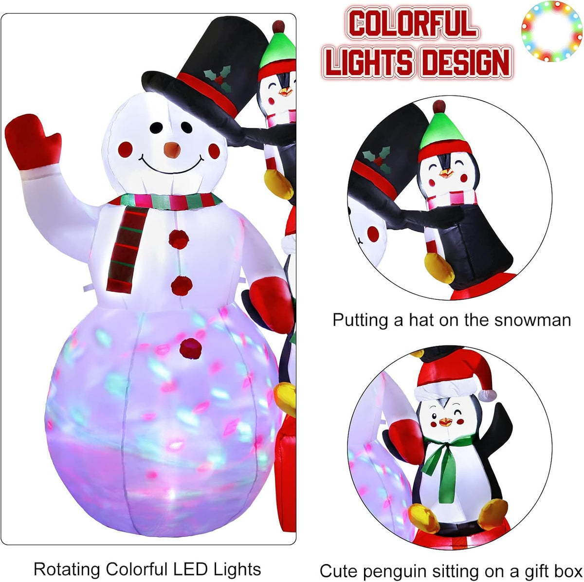 6ft cute christmas inflatables snowman with penguins outdoor, close-up detail