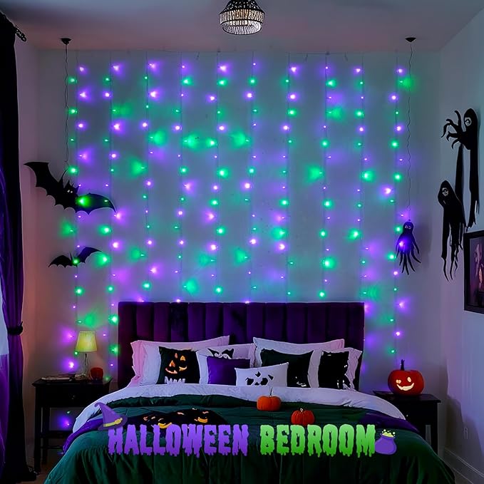 JMEXSUSS 300LED Halloween Curtain Lights with Remote, 9.8x9.8ft Halloween Lights Plug in, Christmas Twinkle Hanging String Light for Bedroom Wall Window Backdrop Indoor Outdoor Decor, Purple and Green