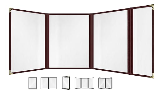 Goodsmart Restaurant Menu Covers – 25 Pack Burgundy Quadfold 8-View, Side-Loading Menu Holders, Vinyl & Plastic Café Menu Covers, Clear Menu Sleeves, Fits 8.5" x 11" & 4.25" x 11", Gold Corners