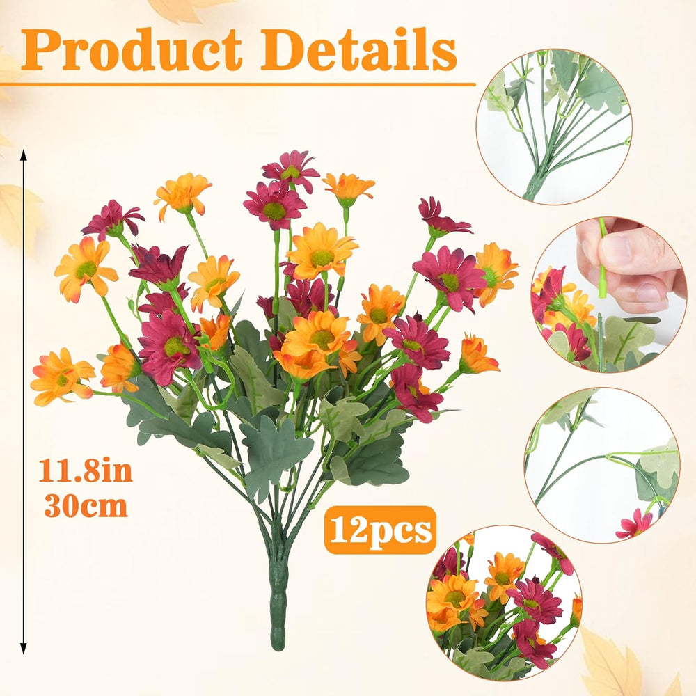 12 Bundles Fall Flowers Artificial, UV Resistant Faux Mums for Outdoors