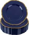 Hioasis 60pcs Blue Plastic Plates - Blue and Gold Disposable Dinnerware with Gold Rim, Heavy-duty, 7.5 inch, Dessert Plates for Party & Wedding