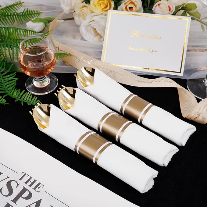 400PCS Pre Rolled Gold Plastic Silverware Sets - Heavy Duty Hammered Gold Cutlery Include 100 Pack Wrapped Disposable Utensils with Napkins for Parties, Dinners & Weddings