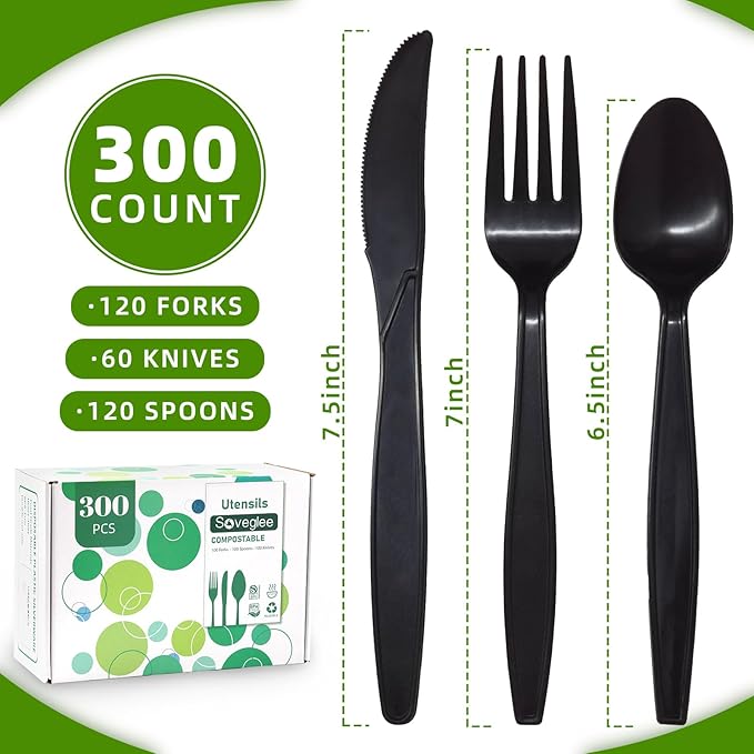 Black Compostable Silverware, 300 Count Compostable Utensils, Plastic 120 Forks 120 Spoons 60 Knives,Non Plastic Utensil, Eco Friendly Disposable Silverware for Party Office Wedding