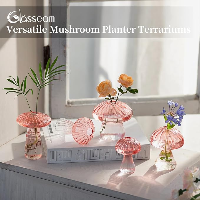 Glasseam Mushroom Plant Propagation Stations: Pink Glass Terrarium Jar Set of 5 Cute Planters for Indoor Plants Decorative Propagate Vase Unique Gifts for Women Home Office Decor