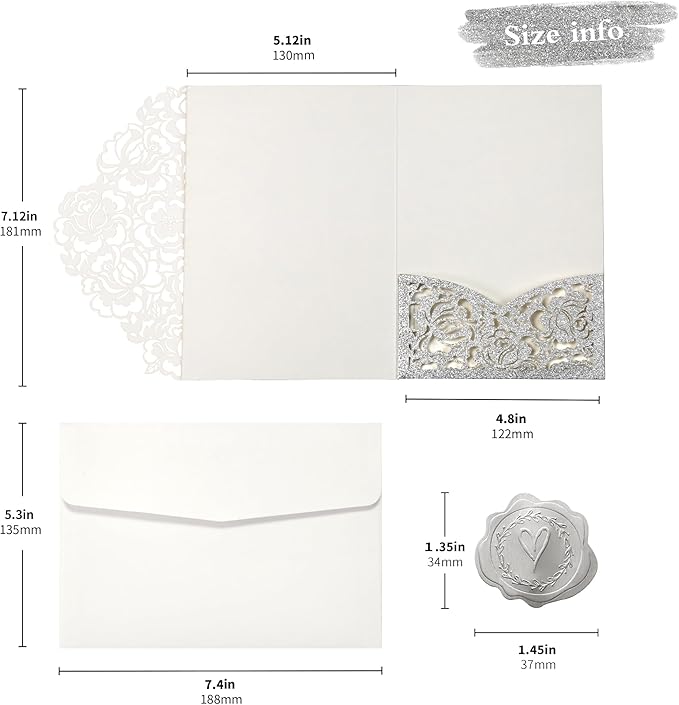 DORIS HOME 50pcs Laser Cut Quinceanera Invitation Pockets with Envelopes Silver Glitter, 5.12" x 7.12"Invitation Cards for Birthday, Miss 15, Sweet 16 (No Inserts Included)