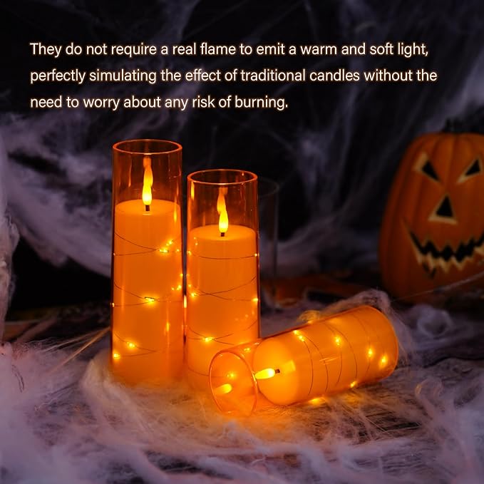 Flameless LED Candles with Timer 9 Pc Flickering Flameless Candles for Romantic Ambiance and Home Decoration Stable Acrylic Shell,with Embedded Star String，Battery Operated Candles（Orange）