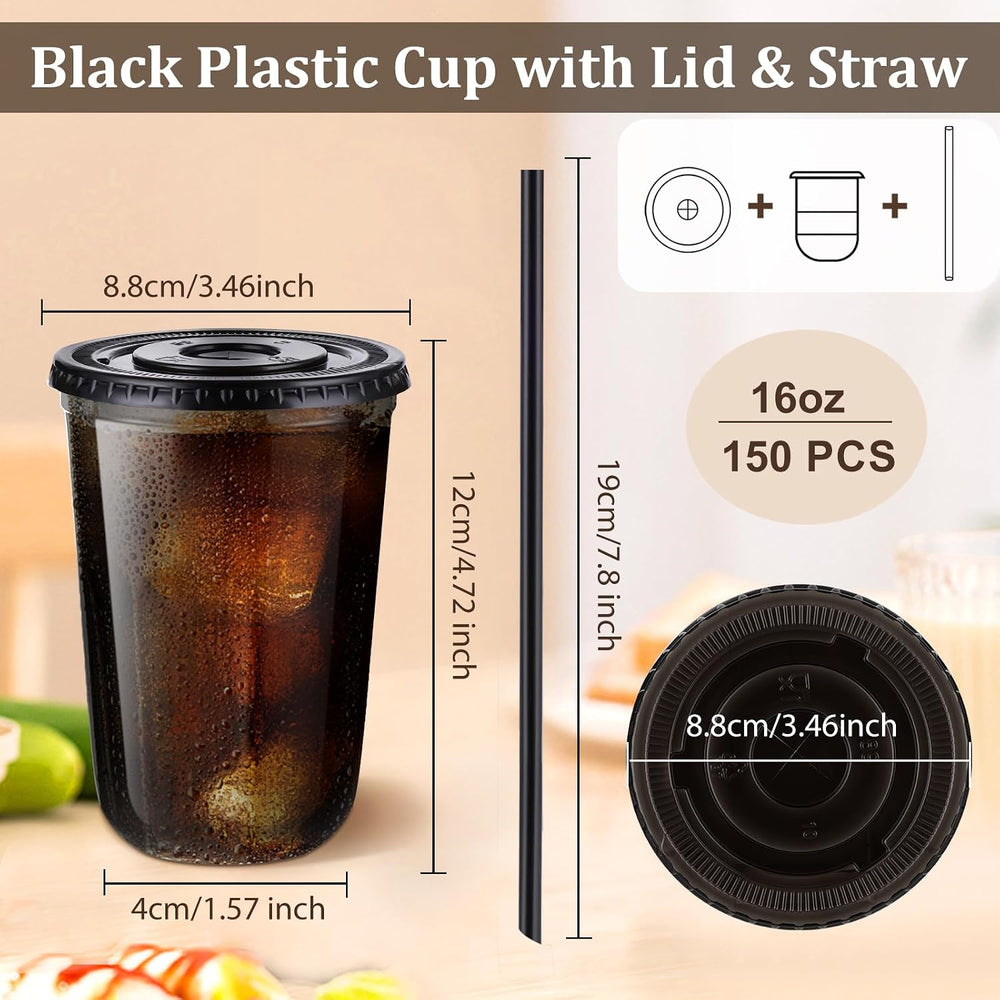 tchrules 150 Set 16oz Black Plastic Disposable Cups with Lids and Straws