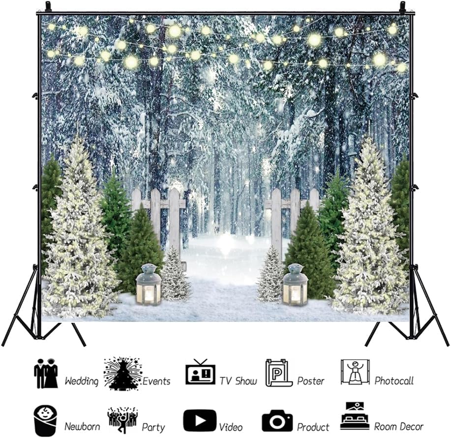 Winter Scene Backdrop 10x8ft Christmas Forest Snowfield Background for Photog...