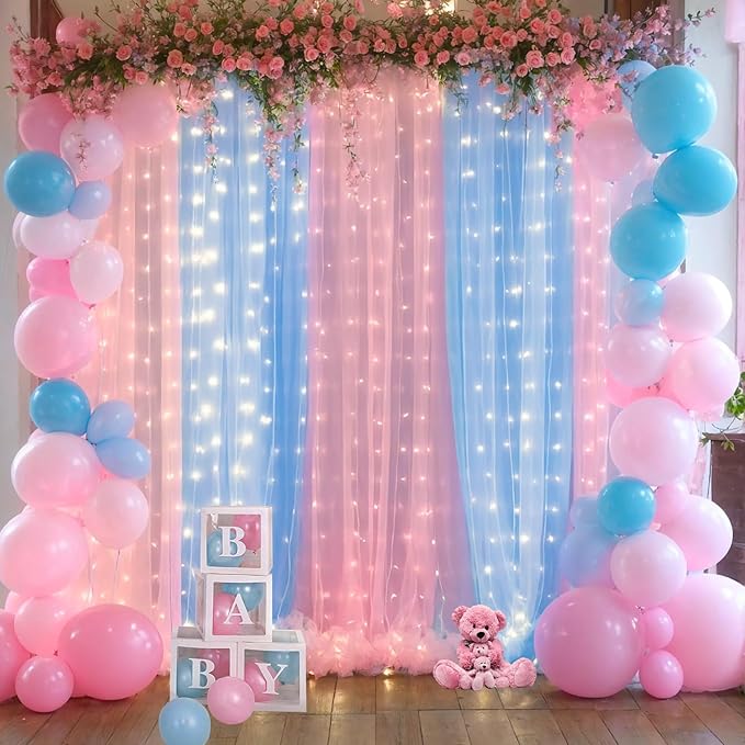 Pink and Blue Backdrop Curtains with Lights String for Baby Shower Sheer Tulle Backdrop Curtain for Gender Reveal Birthday Party Bridal Shower Photo Shoot Background Decorations 2 Panels 5×10ft