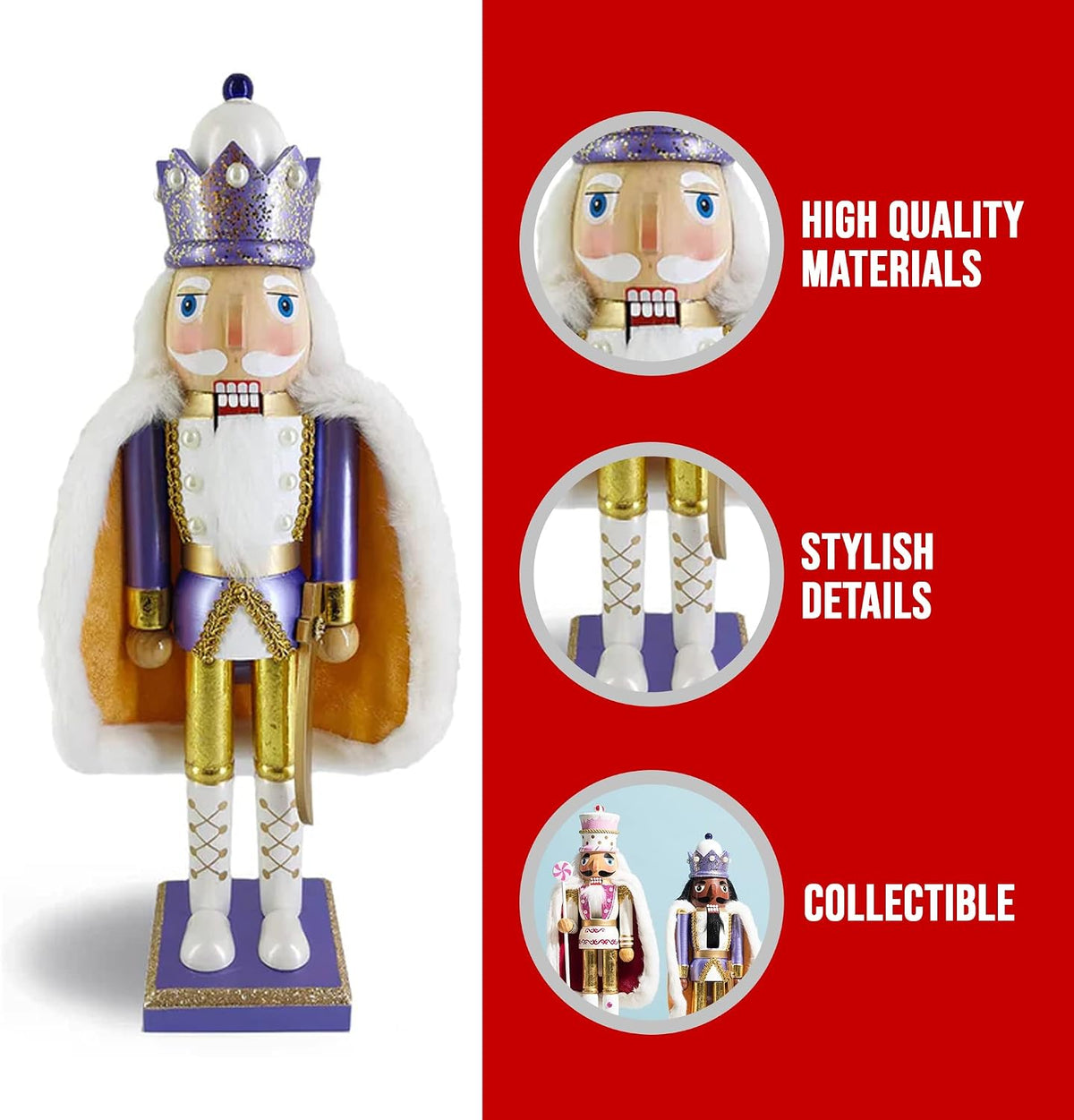 Nutcracker Ballet Gifts, Nutcracker Christmas Ornaments, Wooden Figure Decoration with Rose Gold Glitter Uniform for Holiday Home Decor, 15 Inch, White Nutcracker King Style 3